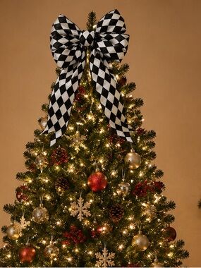 Harlequin diamond black & white large Christmas tree bows 4 total NEW NWT